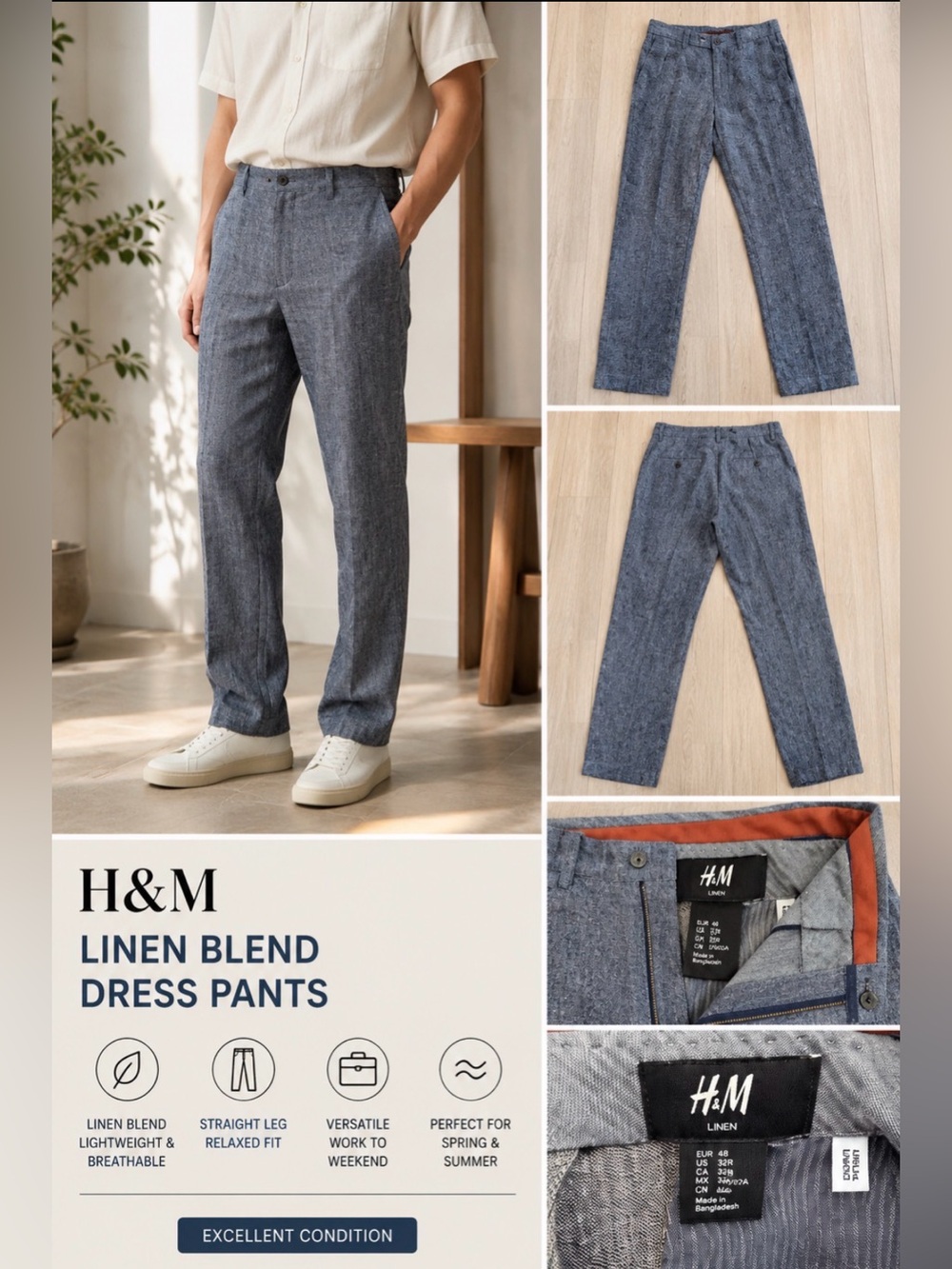 H&M Men’s Blue Gray Linen Blend Straight Leg Dress Pants